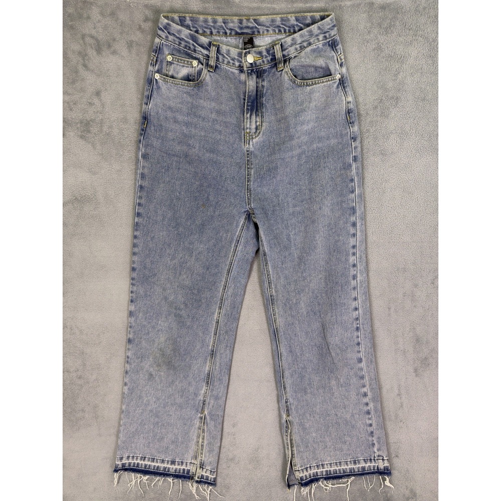 Cider Jeans Womens Medium Blue Light Wash Super High Rise Flare Raw Hem